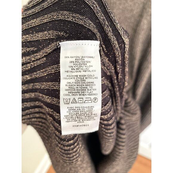 LOFT Gold Black Shimmer Ribbed V-Neck Midi Sweater Dress Blouson Sleeves - Picture 9 of 13